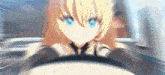 a girl with blonde hair and blue eyes is driving a car .