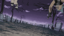 a cemetery scene with a purple sky and a few graves