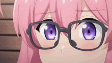 a girl with pink hair wearing glasses with purple eyes