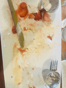a dirty plate with strawberries on it and a knife and fork