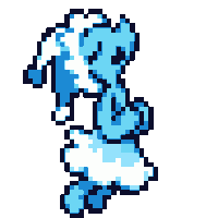 a pixel art of a blue and white animal with a hat