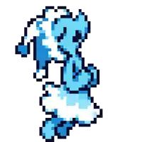 a pixel art of a blue and white animal with a hat