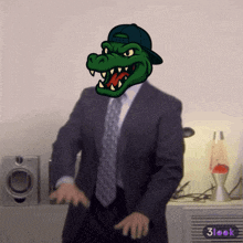 a man in a suit and tie with a crocodile mask on his face