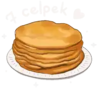 a stack of pancakes on a plate with the words " a celpek " written above it