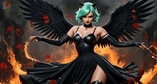 a woman with green hair is wearing a black dress and black wings