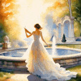 a woman in a long white dress is standing in front of a fountain