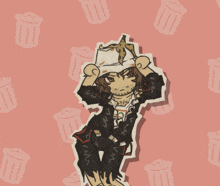 a drawing of a man with a banana on his head surrounded by trash cans