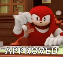 knuckles the echidna from sonic the hedgehog is sitting at a desk and holding a piece of paper in his hand .