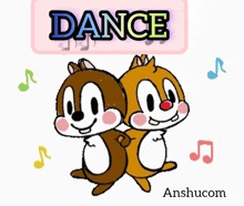 two cartoon squirrels are dancing under a sign that says " dance "