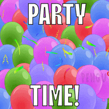 a bunch of balloons with the words party time written on them