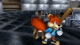 a cartoon squirrel is holding a bat and wearing a blue shirt with the letter b on it