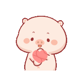 a cartoon pig with a heart on its chest is holding its hand to its chin .