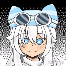 a drawing of a girl with white hair and blue eyes wearing a cat hat and goggles