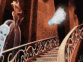 a staircase with a railing that says ' x ' and ' r ' on it