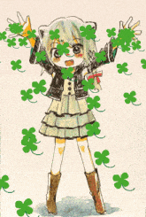 a drawing of a girl with four leaf clovers surrounding her