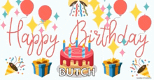 a happy birthday butch sign with a cake and gifts