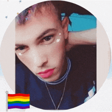 a man with a rainbow flag in the background