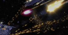 a purple space ship is being attacked by a bunch of yellow missiles