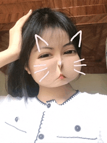 a girl with a cat face on her face making a funny face