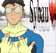 a cartoon drawing of a superhero with the word sylvain in the background