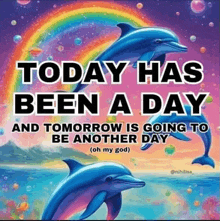 a picture of two dolphins with the words today has been a day and tomorrow is going to be another day .