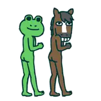 a green frog and a brown horse standing next to each other