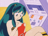 a cartoon girl with blue hair is knitting a red sweater