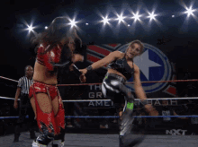 a woman in a red outfit is jumping in the air