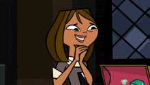 a cartoon character is smiling with her hands folded