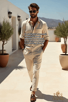 a man wearing sunglasses and a white shirt is walking on a sidewalk