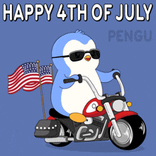 a penguin is riding a motorcycle with the words happy 4th of july on the bottom
