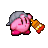 kirby is wearing a baseball cap and holding a bottle of ketchup .