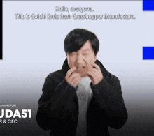 a man making a face with the words hello everyone this is goichi suda from grasshopper manufacture on the bottom