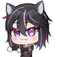 a cartoon drawing of a girl with purple eyes and black hair