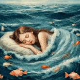 a painting of a girl sleeping in the ocean surrounded by fish