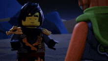 a lego ninjago character with flames on his feet