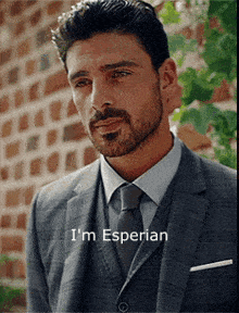 a man in a suit and tie is standing in front of a brick wall and says `` i 'm experian '' .