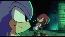 a cartoon of sonic the hedgehog and knuckles looking at each other