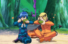 two anime characters are eating food from a pot in a forest