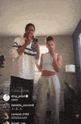a man and a woman standing next to each other in a living room with the name sonia on the bottom