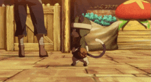 a cat wearing a helmet is walking on a brick floor