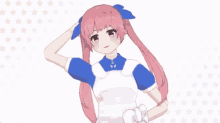 a girl with pink hair is wearing a blue and white outfit with the letters ufufu on her chest