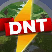 the word dnt is on a red sign with a lightning bolt in the background
