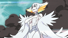 a cartoon drawing of a woman with white wings on her arms