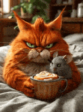 a cat is holding a cup of coffee with a mouse on it