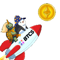 a turtle and a penguin are riding a rocket that says btcs on it