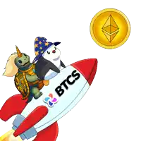a turtle and a penguin are riding a rocket that says btcs on it