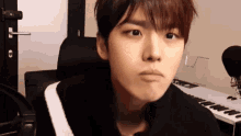 a young man is making a funny face in front of a piano .