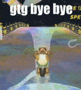 a cartoon character is riding a motorcycle with the words gtg bye bye above him