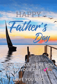 a father 's day card with a dock and a boat in the water